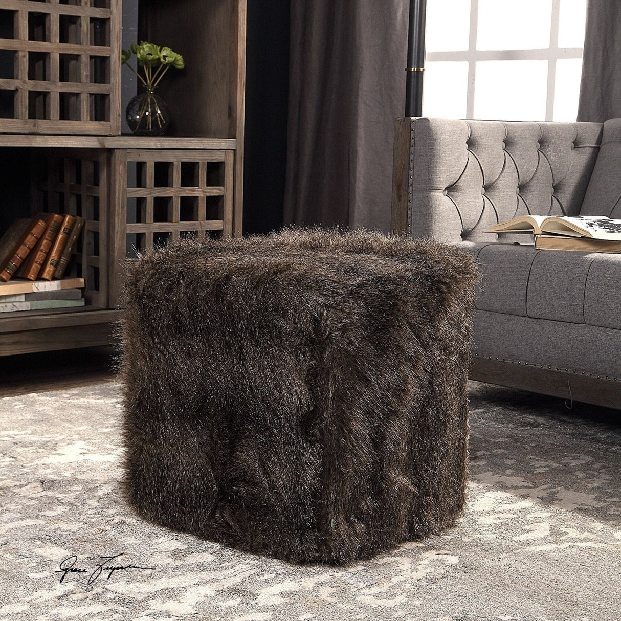 Uttermost Jayna Fur Ottoman - Home Elegance USA
