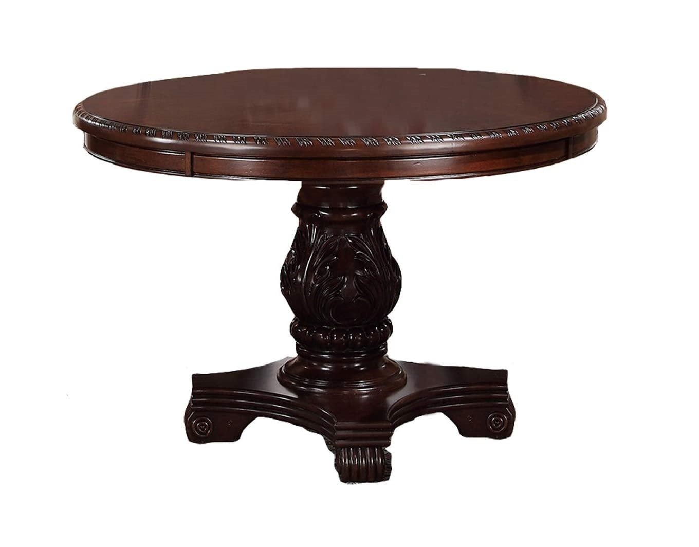 Majestic Classic Formal Dining Room Table And 4x Side Chairs Brown 5pc Set Dining Table Pedestal Base Round Table Faux Leather - Home Elegance USA