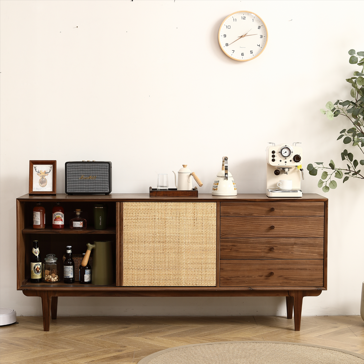 Two Door Four Drawer Cabinet with Rattan Weaving - Black Walnut/Natural Vine MDF Sideboard,Sideboard Buffet Cabinet. 68.89 inch - Home Elegance USA