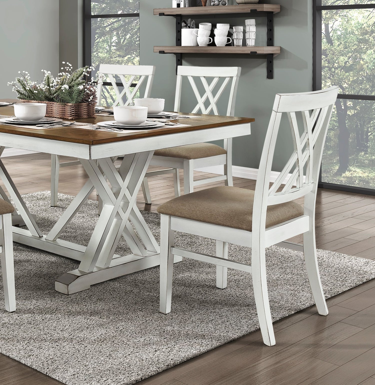 Modern Style White and Oak Finish 5pc Dining Set Table w Extension Leaf 4x Side Chairs Upholstered Seat Charming Traditional Dining Room Furniture - Home Elegance USA