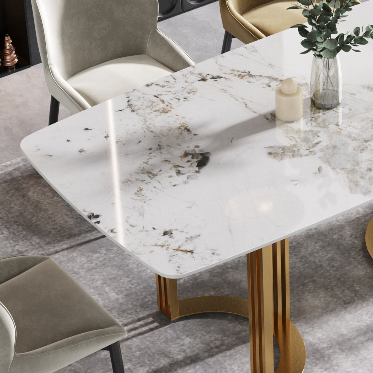 63"Modern artificial stone pandora white curved golden metal leg dining table - 6 people | Home Elegance USA