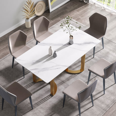 63"Modern artificial stone white straight edge golden metal leg dining table - 6 people | Home Elegance USA