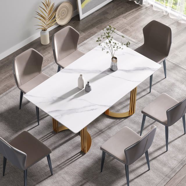 63"Modern artificial stone white straight edge golden metal leg dining table - 6 people | Home Elegance USA