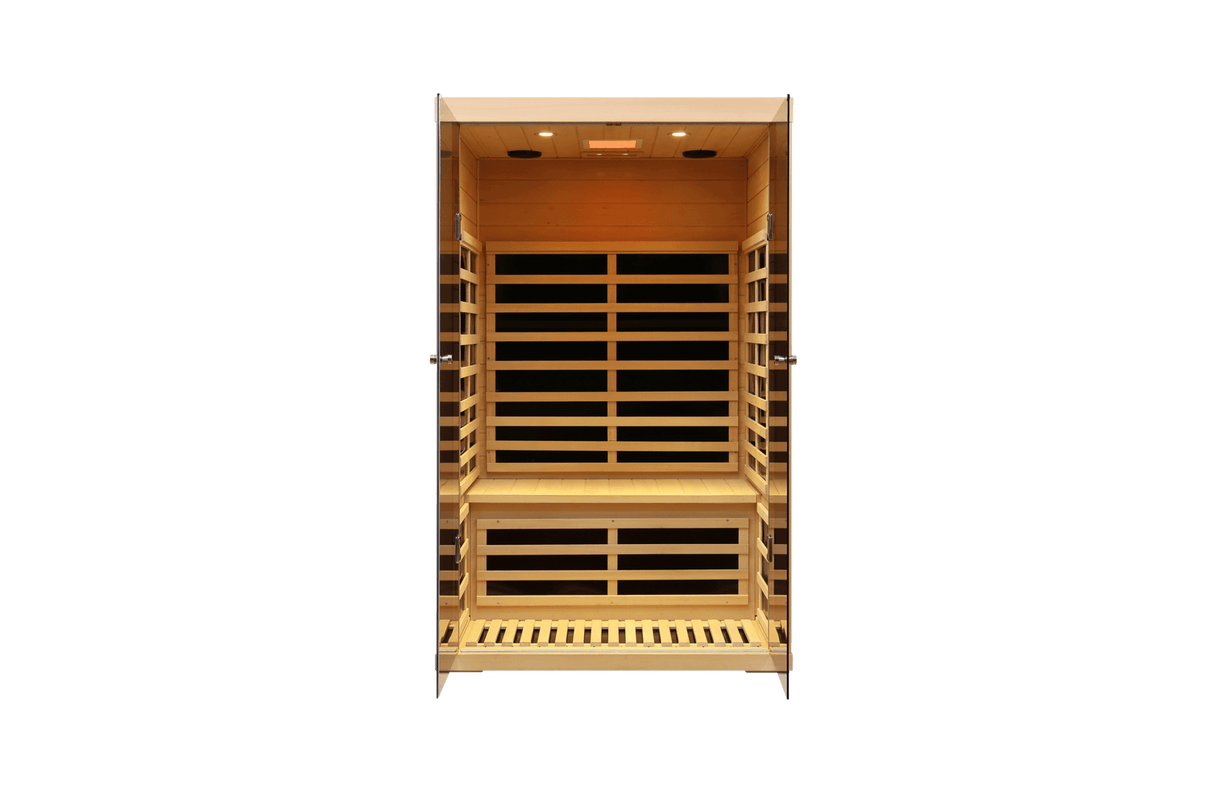 Two person wide space hemlock double doors great glass luxury indoor Far infrared sauna room