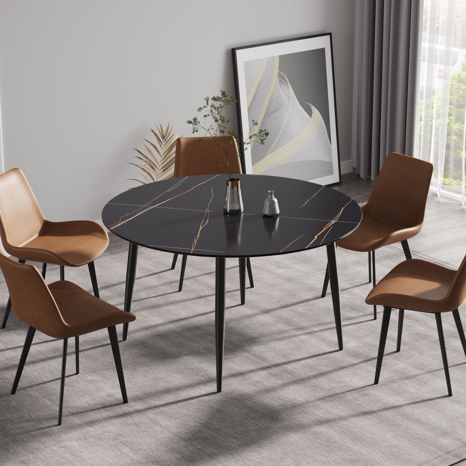 53.15 " modern artificial stone black round dining table with black metal legs - can accommodate 6 people. | Home Elegance USA