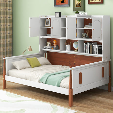 Twin Size Platform Bed with Multiple Storage, White+Walnut - Home Elegance USA