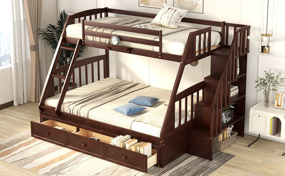 Twin-Over-Full Bunk Bed with Drawers,Ladder and Storage Staircase, Espresso - Home Elegance USA