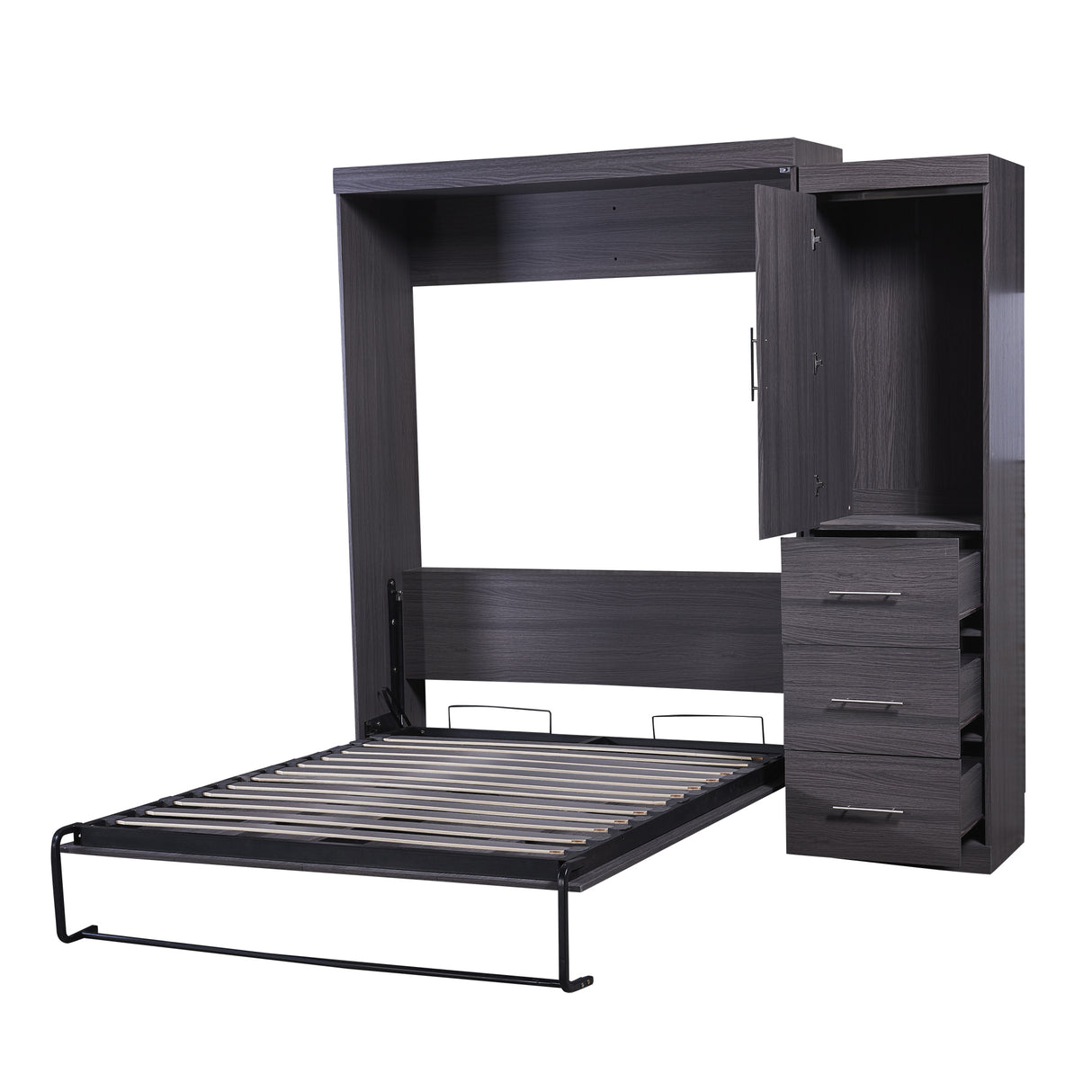 Full Size Murphy Bed with Wardrobe and Drawers, Storage Bed, can be Folded into a Cabinet, Gray - Home Elegance USA
