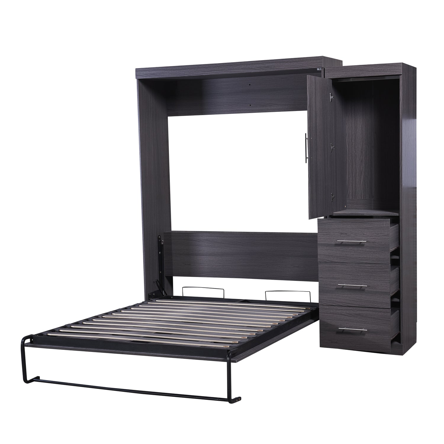Full Size Murphy Bed with Wardrobe and Drawers, Storage Bed, can be Folded into a Cabinet, Gray - Home Elegance USA