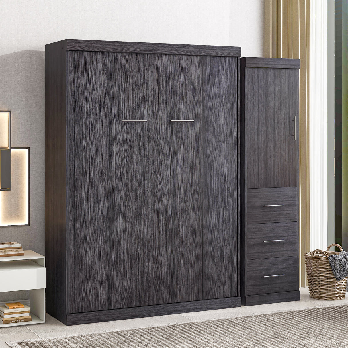 Full Size Murphy Bed with Wardrobe and Drawers, Storage Bed, can be Folded into a Cabinet, Gray - Home Elegance USA