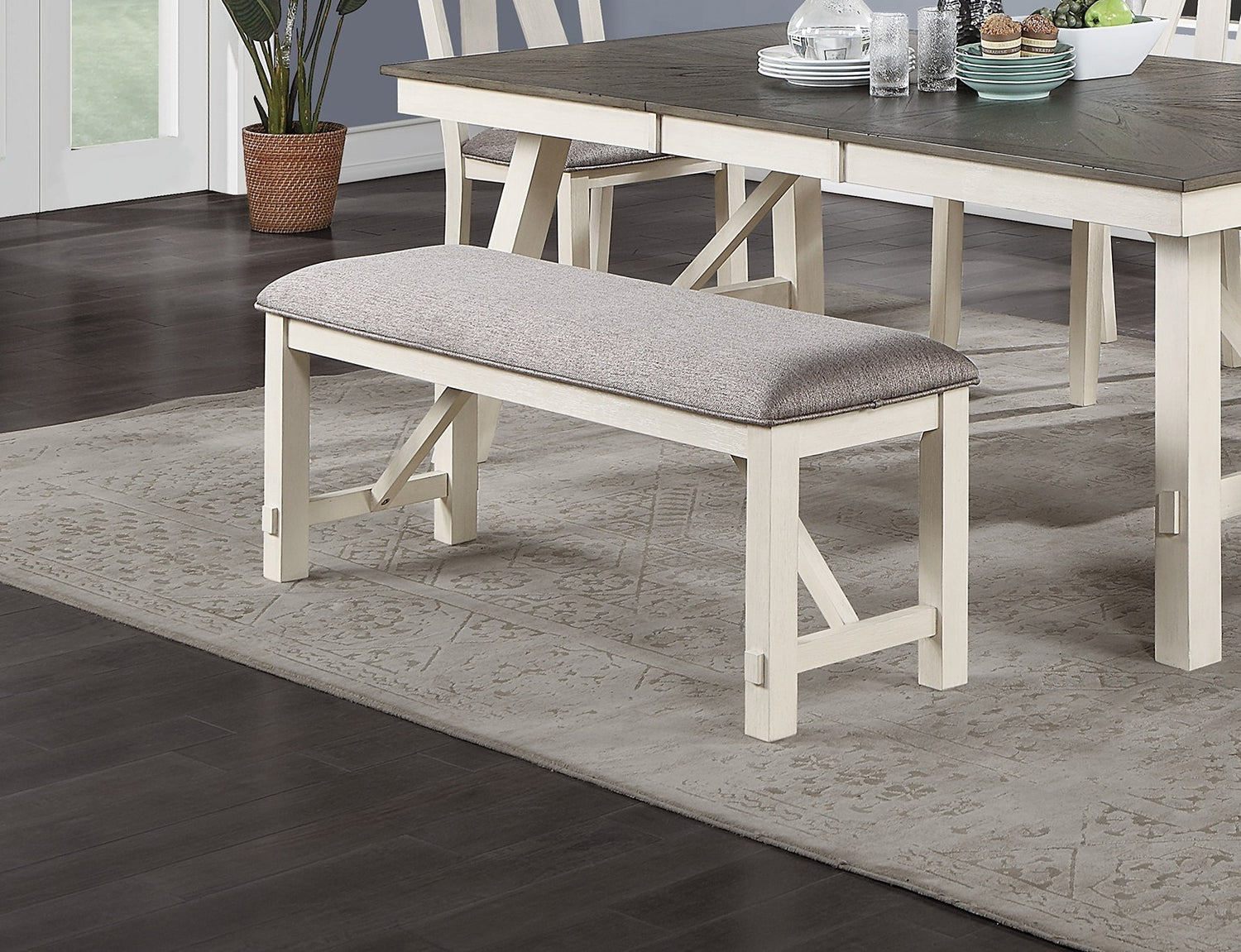 Dining Room Furniture 6pc Dining Set Table w Leaf And 4x Side Chairs 1x Bench Gray Fabric Cushion Seat White Clean Lines Wooden Table Top | Home Elegance USA