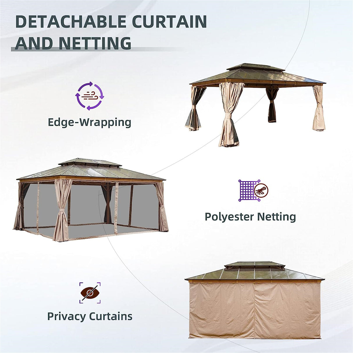 12x16ft Hardtop Gazebo, Permanent Outdoor Gazebo with Polycarbonate Double Roof, Aluminum Gazebo Pavilion with Curtain and Net for Garden, Patio, Lawns, Deck, Backyard (Wood - Looking) | Home Elegance USA