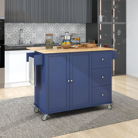Rolling Mobile Kitchen Island with Drop Leaf - Solid Wood Top, Locking Wheels & Storage Cabinet 52.7 Inch Width（Dark blue） - Home Elegance USA