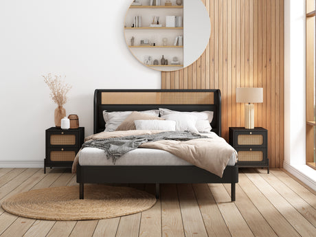 3 Pieces Modern Cannage Rattan Platform Queen Bed + Nightstand*2, Black Home Elegance USA