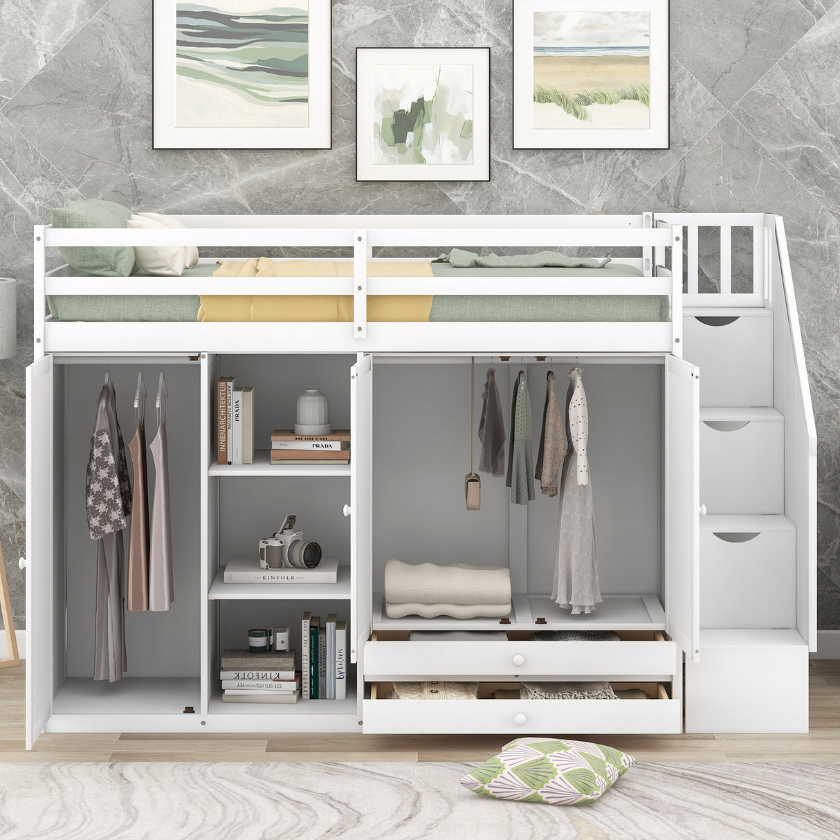 Functional Loft Bed with 3 Shelves, 2 Wardrobes and 2 Drawers, Ladder with Storage, No Box Spring Needed, White - Home Elegance USA