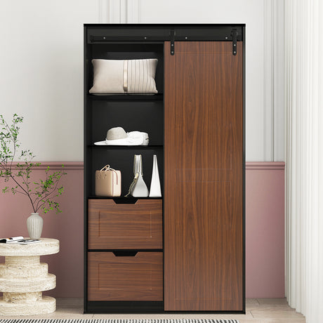 71-inch High wardrobe and cabinet , Clothes Locker，classic sliding barn door armoire, lockers, for bedrooms, cloakrooms, living rooms, color: black +brown Home Elegance USA