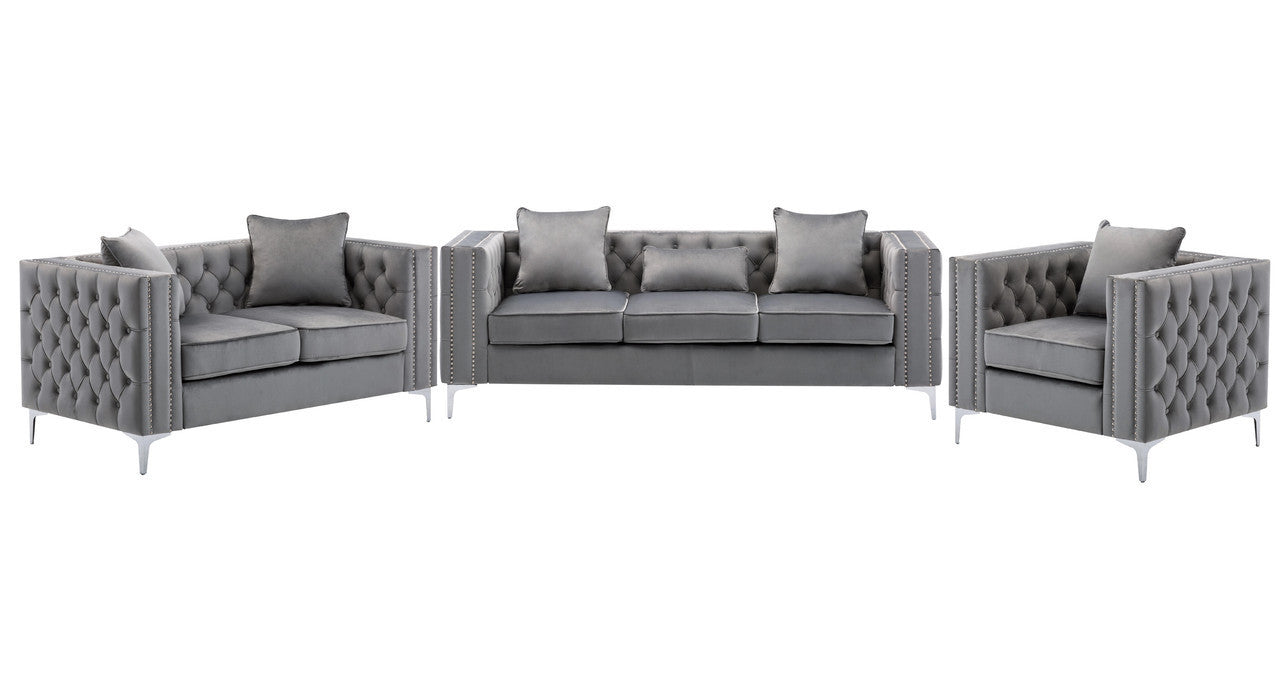 Lorreto Gray Velvet Fabric Sofa Loveseat Chair Living Room Set Home Elegance USA