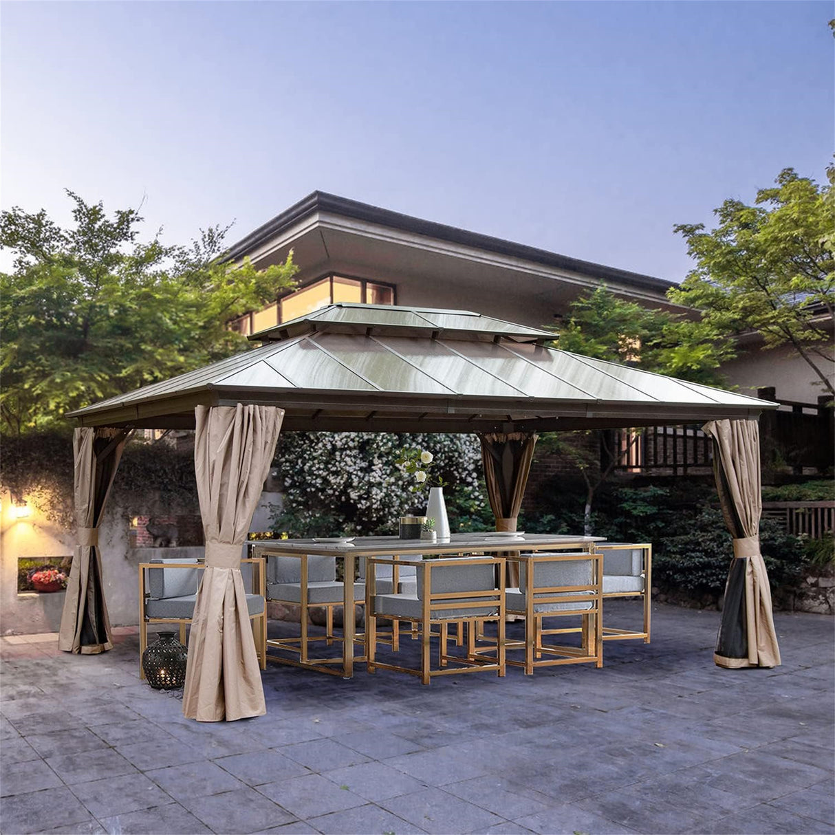 12x16ft Hardtop Gazebo, Permanent Outdoor Gazebo with Polycarbonate Double Roof, Aluminum Gazebo Pavilion with Curtain and Net for Garden, Patio, Lawns, Deck, Backyard, Wood Looking | Home Elegance USA