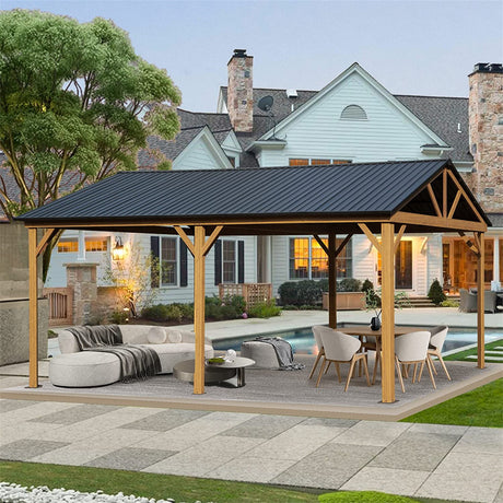 12x20ft Hardtop Gazebo, Galvanized Steel Gable Roof Gazebo Pergola with Wood Grain Aluminum Frame, Outdoor Permanent Gazebo Pavilion for Patio, Garden (Yellow Brown) | Home Elegance USA
