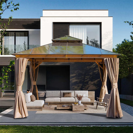 12'x12' Hardtop Gazebo, Permanent Outdoor Gazebo with Polycarbonate Double Roof, Aluminum Gazebo Pavilion with Curtain and Net for Garden, Patio, Lawns, Deck, Backyard(Wood - Looking) | Home Elegance USA