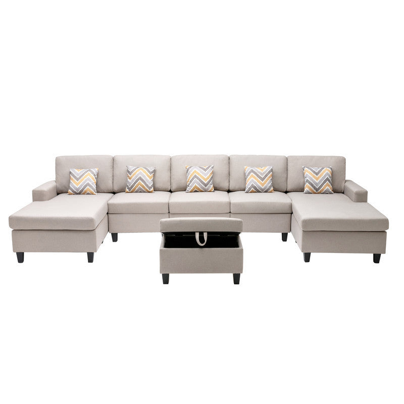 Nolan Beige Linen Fabric 6Pc Double Chaise Sectional Sofa with Interchangeable Legs, Storage Ottoman, and Pillows - Home Elegance USA