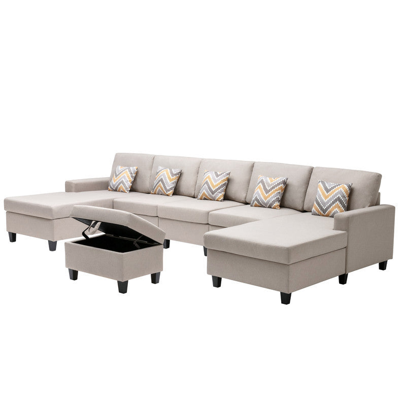 Nolan Beige Linen Fabric 6Pc Double Chaise Sectional Sofa with Interchangeable Legs, Storage Ottoman, and Pillows - Home Elegance USA