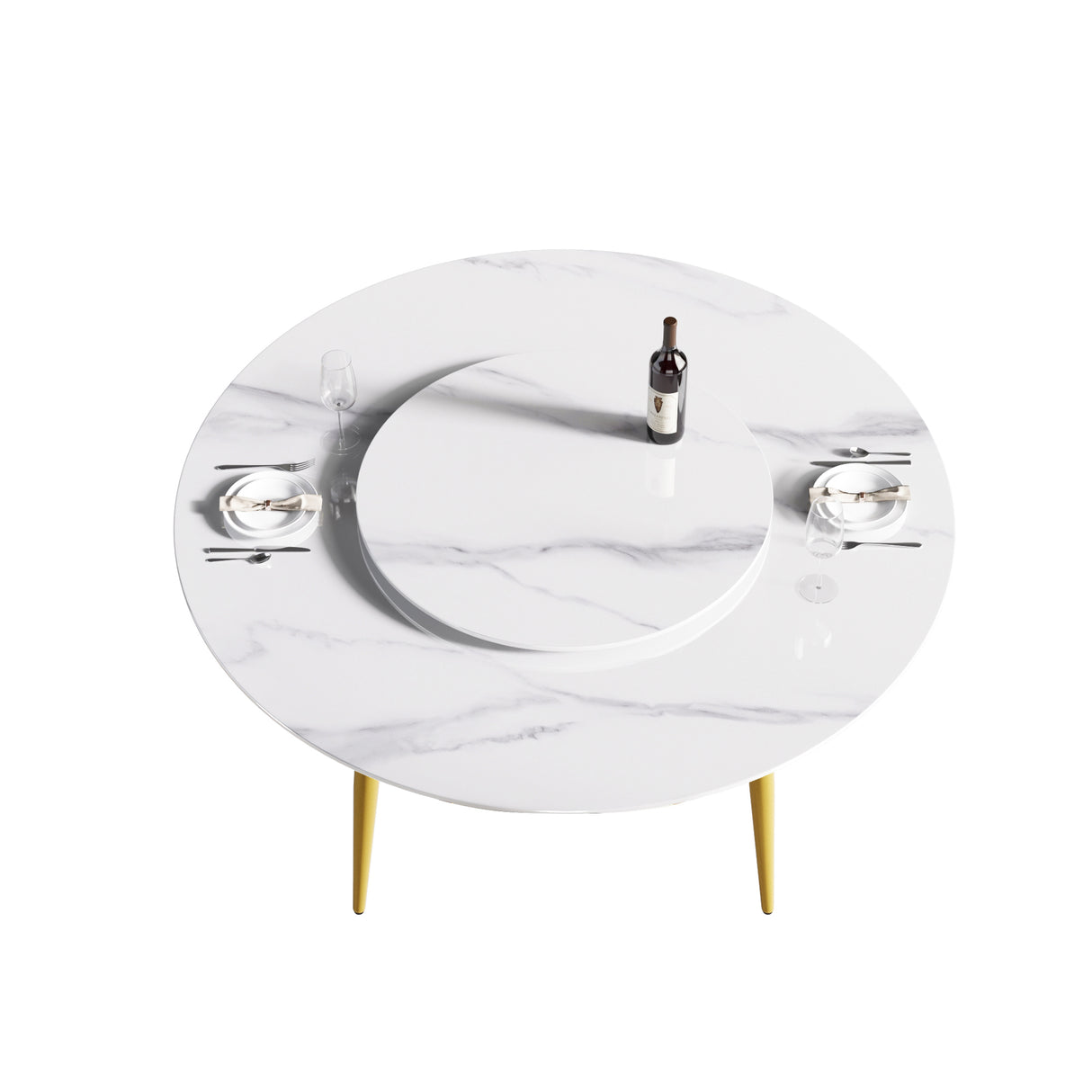 59.05"Modern artificial stone round golden metal dining table - can accommodate 6 people - 31.5"white artificial stone turntable | Home Elegance USA