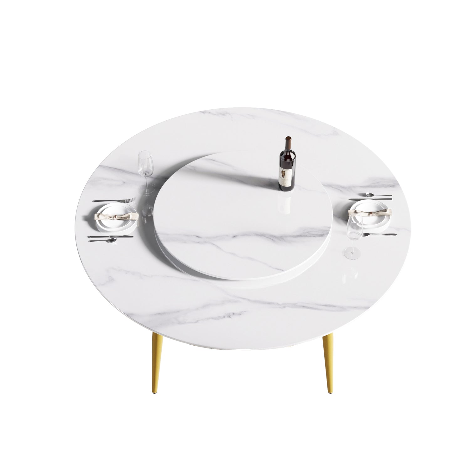 59.05"Modern artificial stone round golden metal dining table - can accommodate 6 people - 31.5"white artificial stone turntable | Home Elegance USA