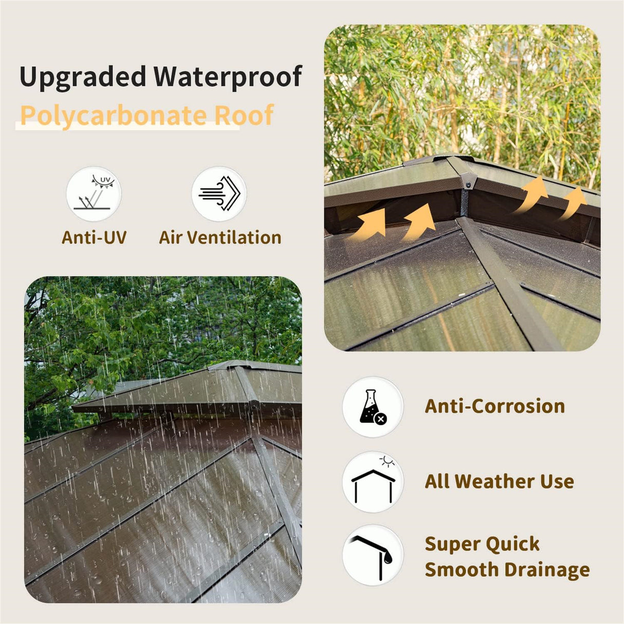 12x16ft Hardtop Gazebo, Permanent Outdoor Gazebo with Polycarbonate Double Roof, Aluminum Gazebo Pavilion with Curtain and Net for Garden, Patio, Lawns, Deck, Backyard, Wood Looking | Home Elegance USA