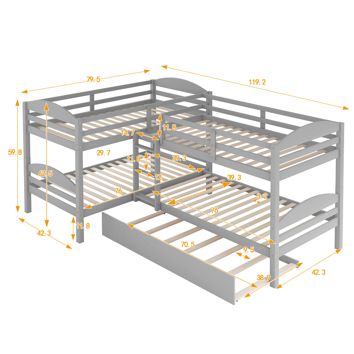 Twin L-Shaped Bunk bed with Trundle-Gray(OLD SKU:LP000024AAE) - Home Elegance USA