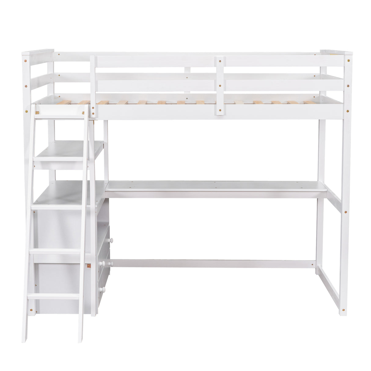 Twin Size Loft Bed with Desk and Shelves, Two Built-in Drawers, White (old SKU: GX000803AAK-1) - Home Elegance USA