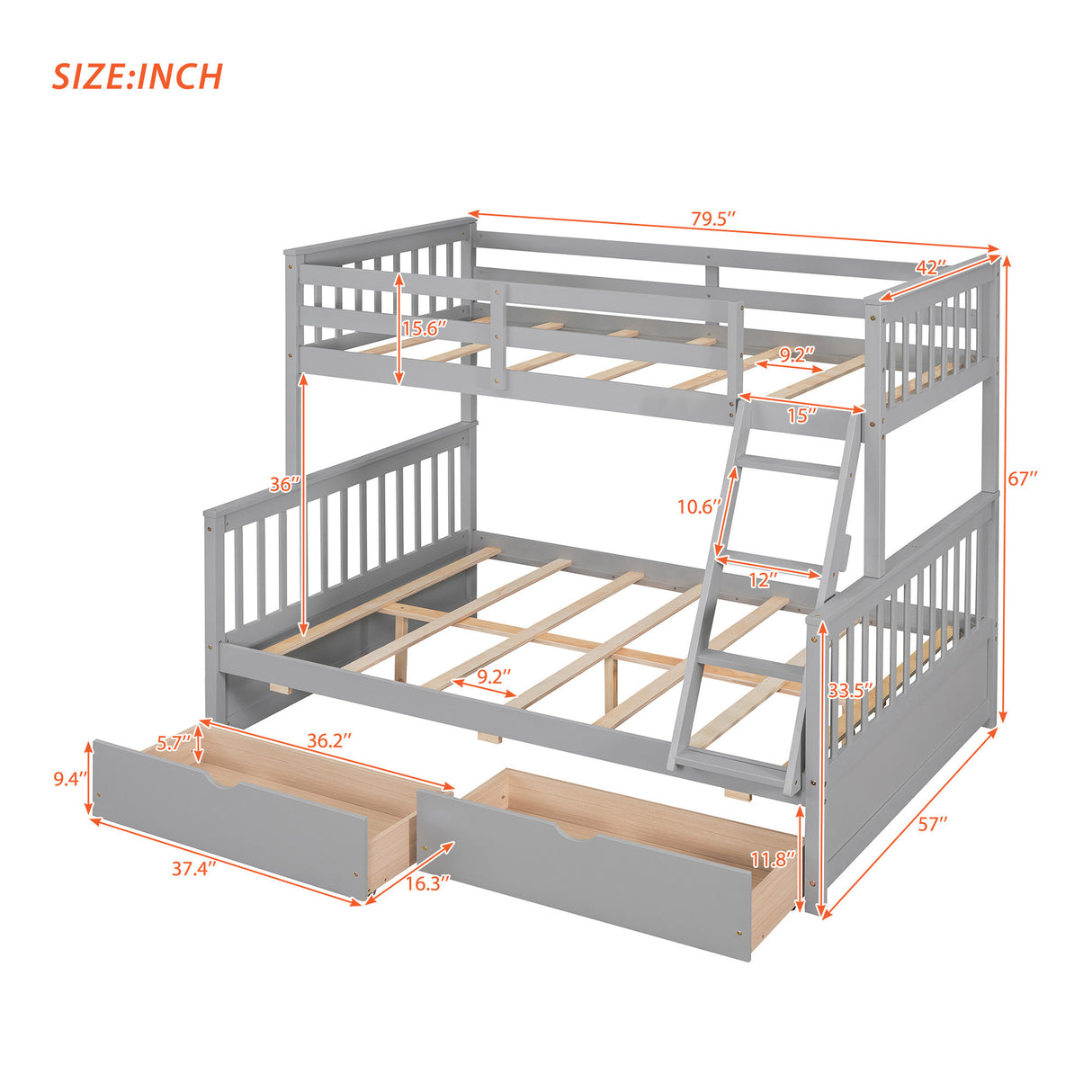 Twin-Over-Full Bunk Bed with Ladders and Two Storage Drawers(Gray)( old sku:LT000165AAE) - Home Elegance USA