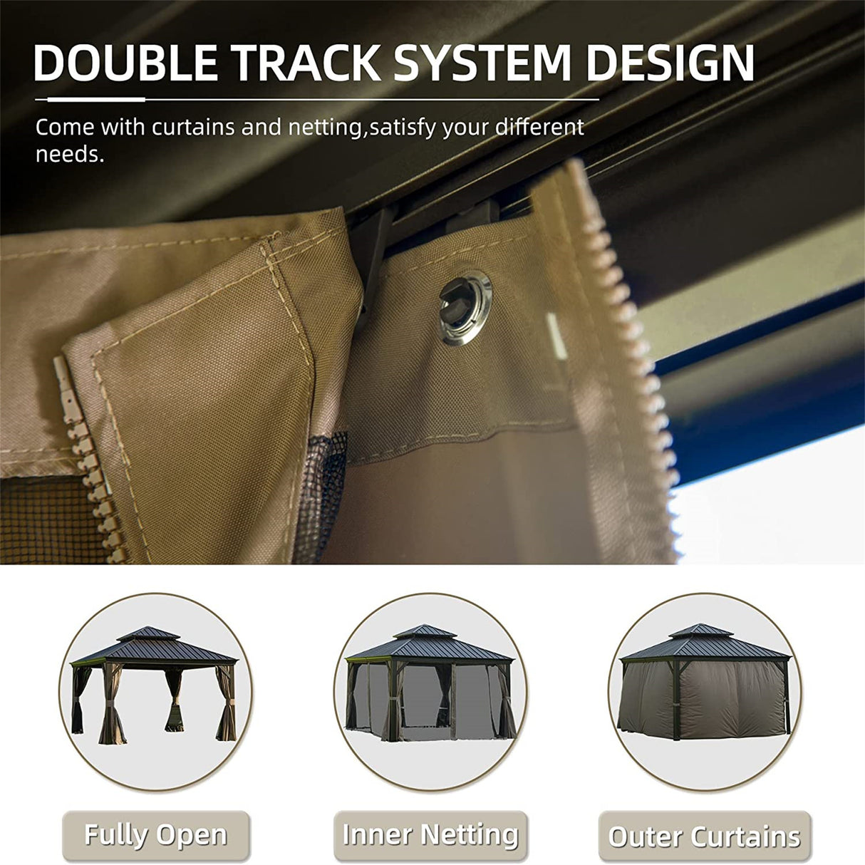 Brown 12'x12' Hardtop Gazebo: Aluminum Frame, Galvanized Steel Double Roof, Curtains, Netting - Perfect for Patio, Backyard, Lawn | Home Elegance USA