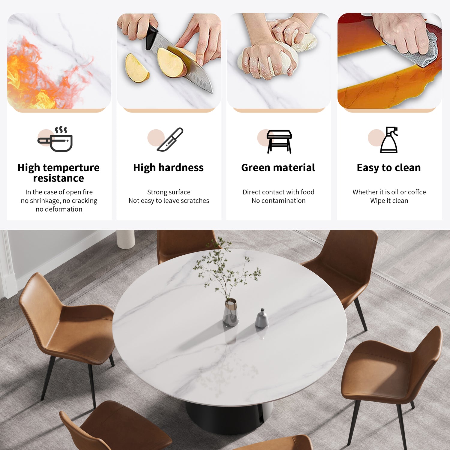 59.05"Modern artificial stone round black carbon steel base dining table - can accommodate 6 people | Home Elegance USA