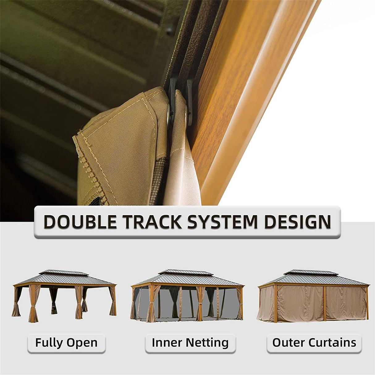 12'x20' Hardtop Gazebo Outdoor Aluminum Wood Grain Gazebos with Galvanized Steel Double Canopy for Patios Deck Backyard,Curtains&Netting (Wood - Looking) | Home Elegance USA