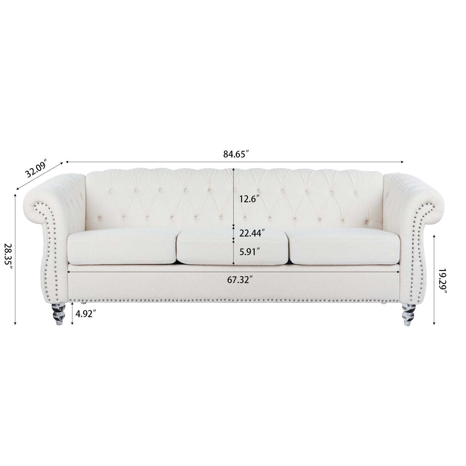 84.65" Rolled Arm Chesterfield 3 Seater Sofa | Home Elegance USA