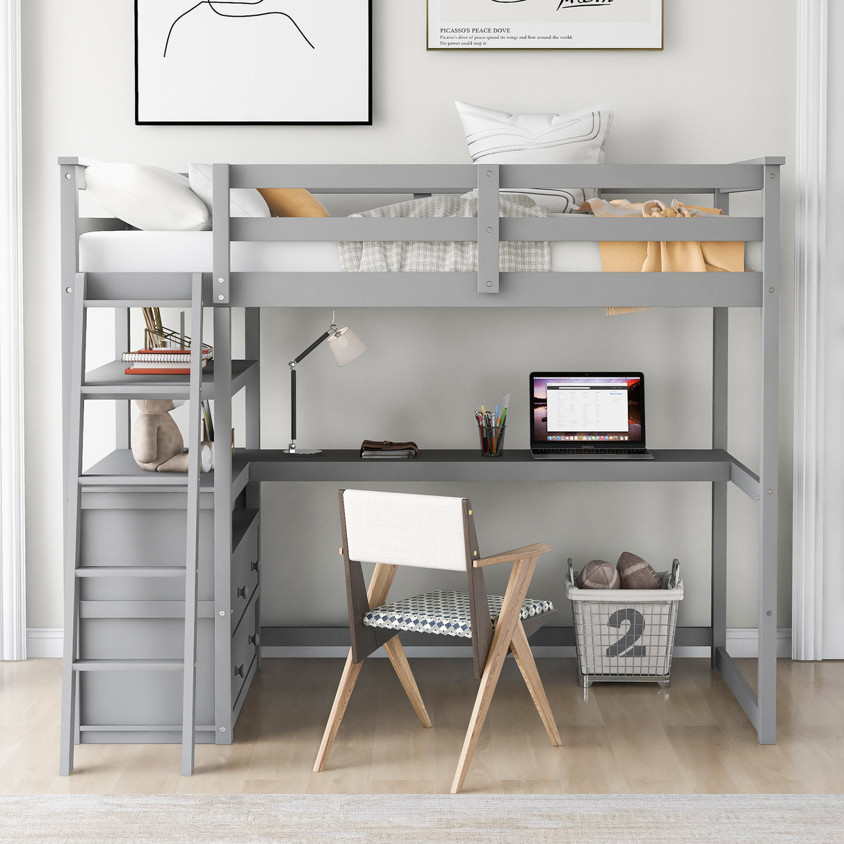 Twin Size Loft Bed with Desk and Shelves, Two Built-in Drawers, Gray(old SKU: GX000803AAE-1) - Home Elegance USA