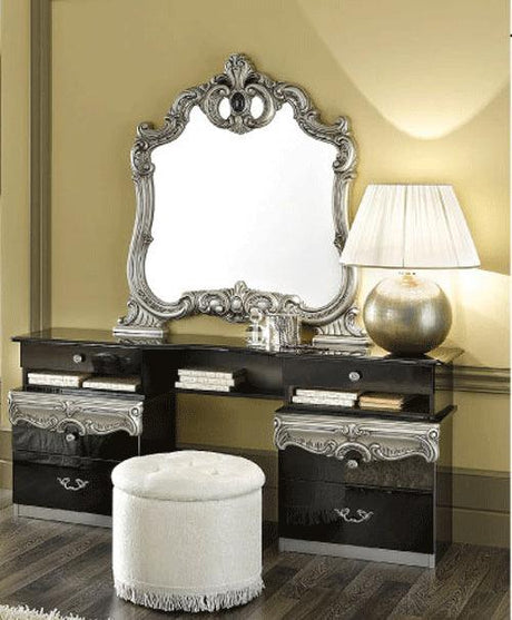 Barocco Vanity Dresser With Mirror Set In Black - Silver - Barocco - Vd+M - Silver | ESF | Home Elegance USA