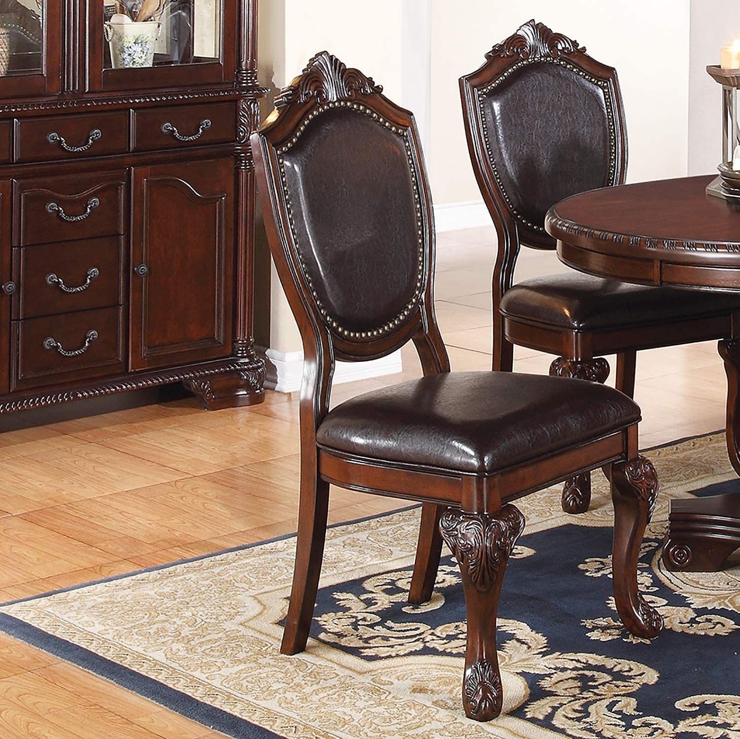 Formal Dining Room Table w Leaf 2x Arm Chairs And 6x Side Chairs Brown 9pc Set Dining Table Double Pedestal Base Royal Rectangle Table - Home Elegance USA