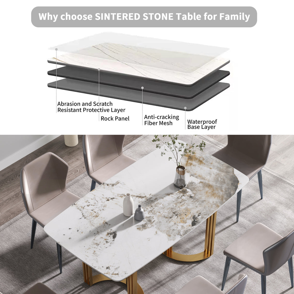 63"Modern artificial stone pandora white curved golden metal leg dining table - 6 people | Home Elegance USA