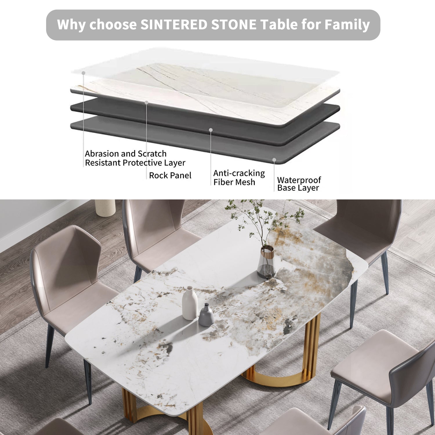 63"Modern artificial stone pandora white curved golden metal leg dining table - 6 people | Home Elegance USA