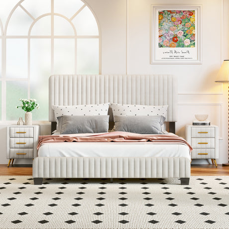 3-Pieces Bedroom Sets, Queen Size Upholstered Platform Bed with Two Nightstands, Nightstands with Marbling Worktop and Metal Legs&Handles,Velvet,Beige - Home Elegance USA