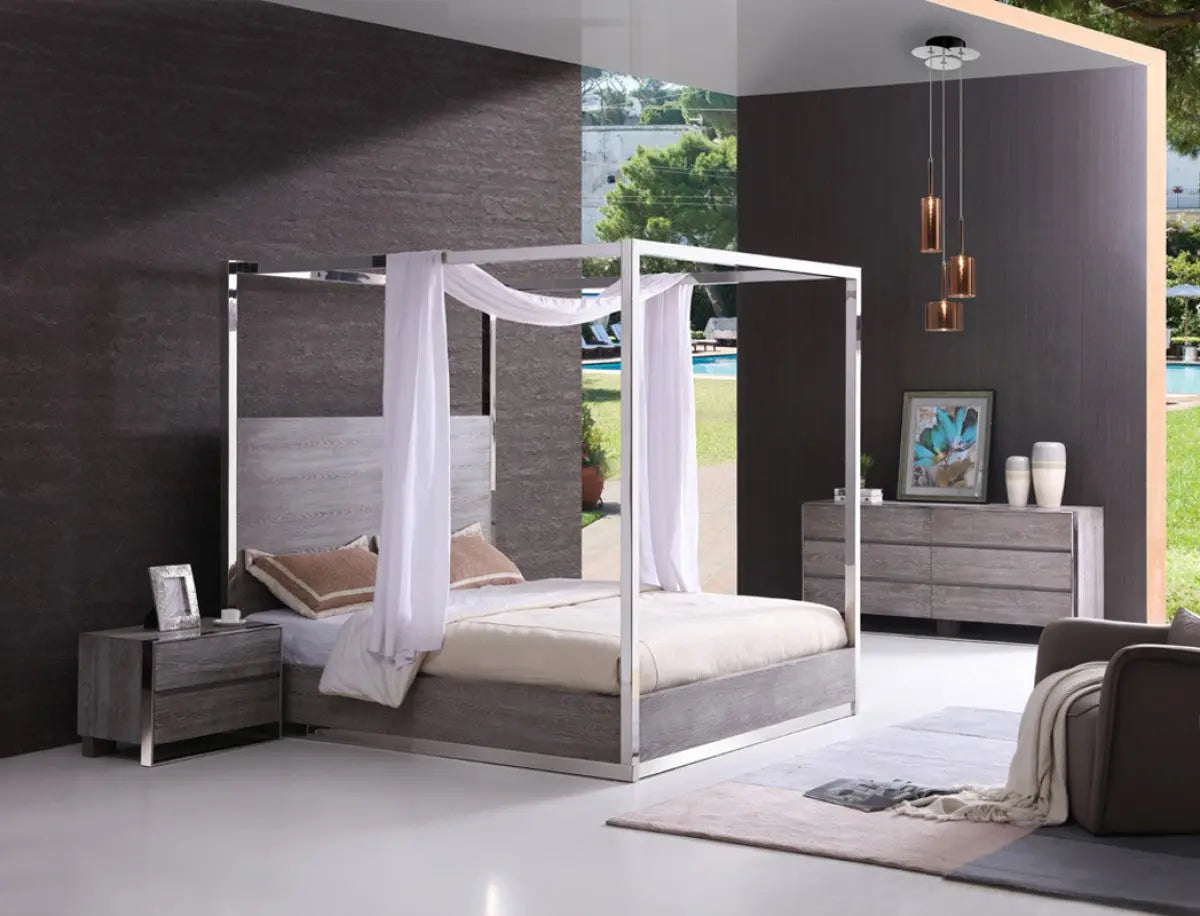 Vig Furniture - Modrest Arlene Modern Grey Elm & Stainless Steel Canopy Queen Bed - Vgvcbd008A