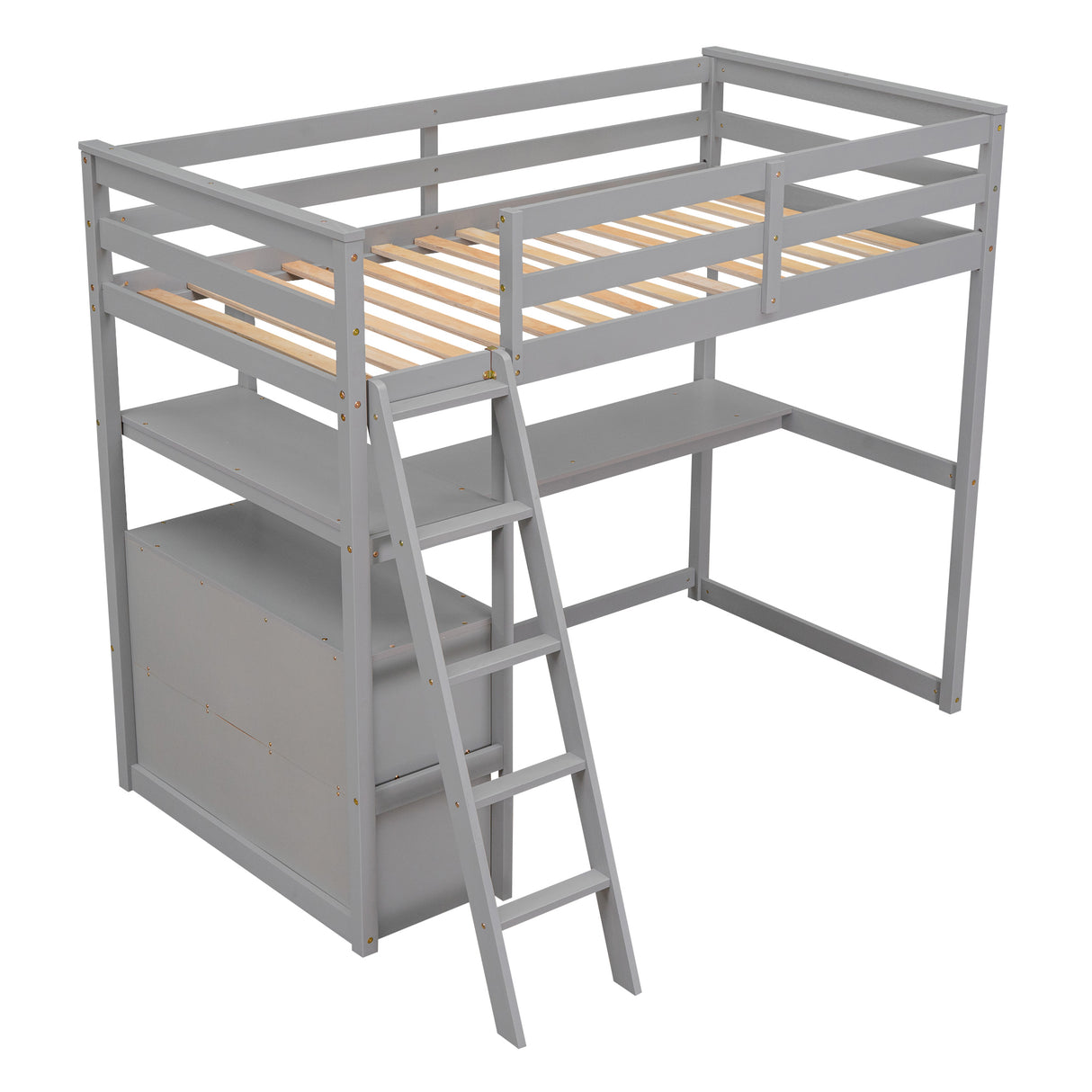 Twin Size Loft Bed with Desk and Shelves, Two Built-in Drawers, Gray(old SKU: GX000803AAE-1) - Home Elegance USA