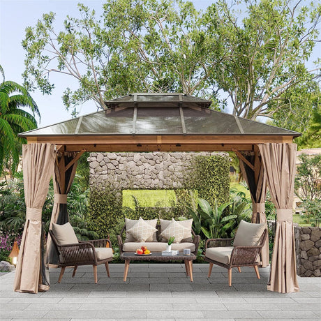 10'x12' Hardtop Gazebo, Permanent Outdoor Gazebo with Polycarbonate Double Roof, Aluminum Gazebo Pavilion with Curtain and Net for Garden, Patio, Lawns, Deck, Backyard(Wood - Looking) | Home Elegance USA