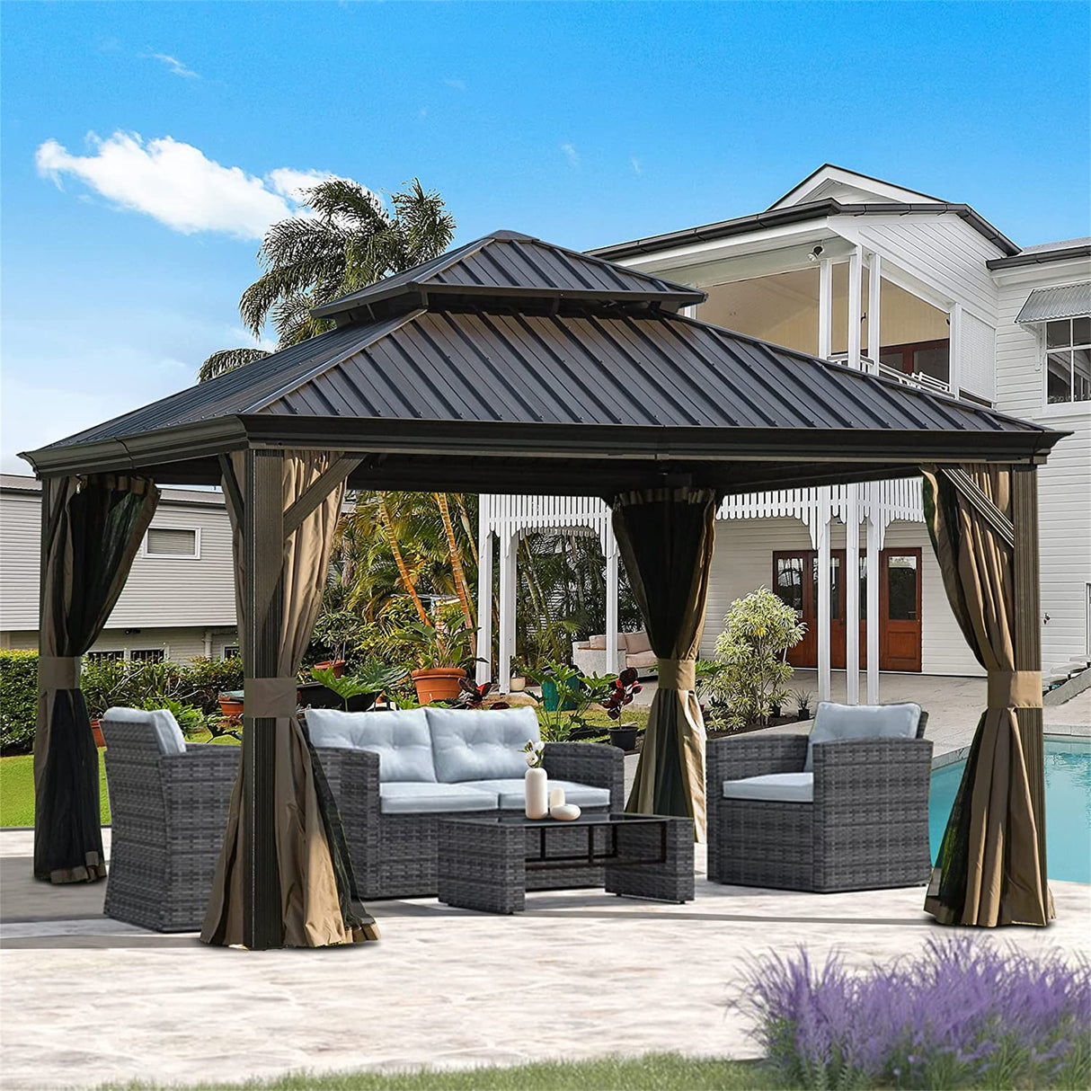 Brown 12'x12' Hardtop Gazebo: Aluminum Frame, Galvanized Steel Double Roof, Curtains, Netting - Perfect for Patio, Backyard, Lawn | Home Elegance USA