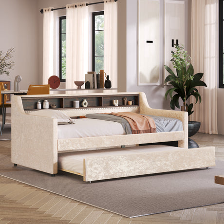 Twin Size Snowflake Velvet Daybed with Trundle and Built-in Storage Shelves,Beige - Home Elegance USA