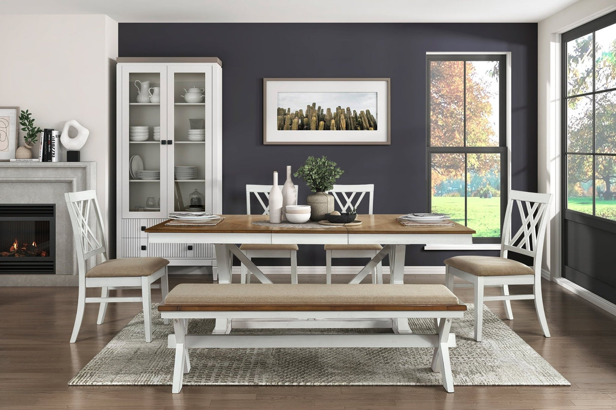 Modern Style White and Oak Finish 6pc Dining Set Table w Extension Leaf Bench 4x Side Chairs x-back Design Charming Traditional Dining Room Furniture - Home Elegance USA