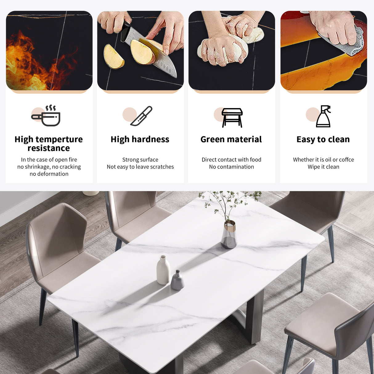 63"Modern artificial stone white straight edge black metal leg dining table - 6 people | Home Elegance USA