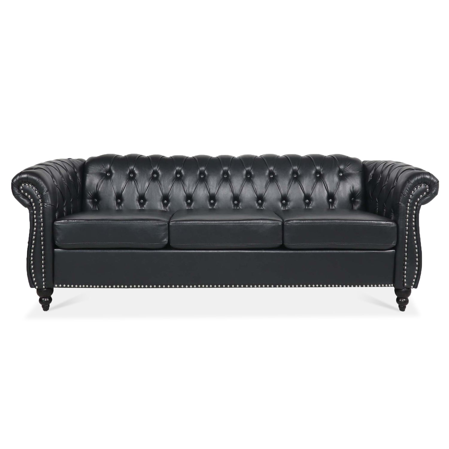 84.65" BLACK PU Rolled Arm Chesterfield Three Seater Sofa. | Home Elegance USA